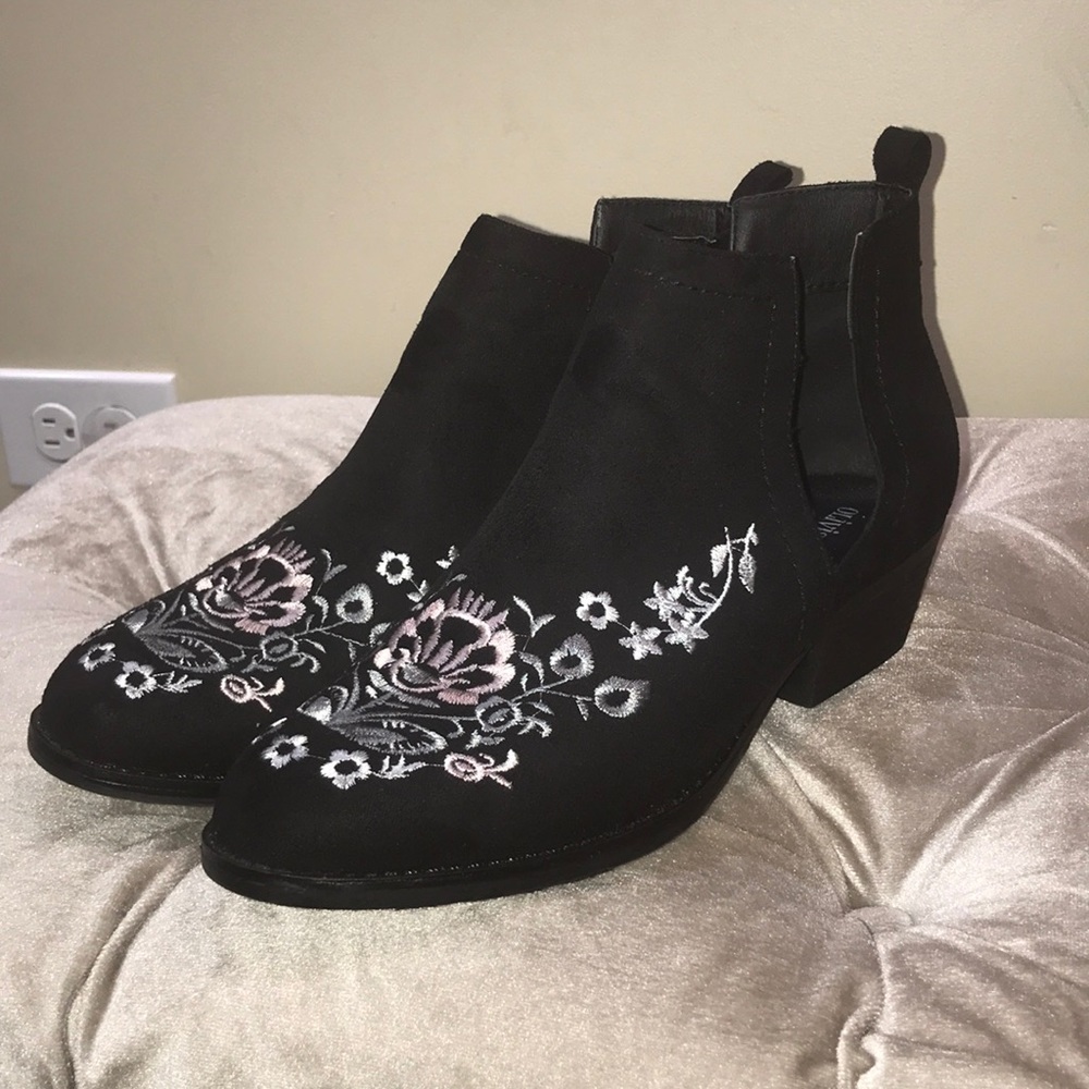 Black Suede Embroidered booties. US size 9
